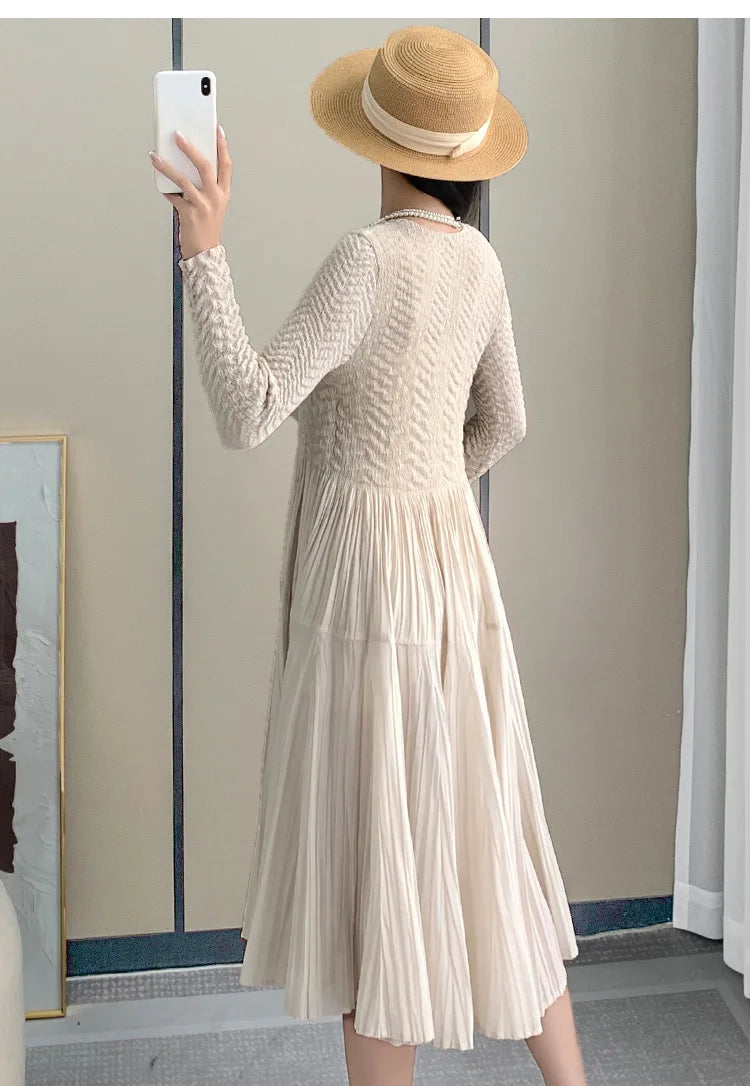 Smocked Dress Casual Slim Fit Long Sleeve Embossed Pleated Elegant Dress