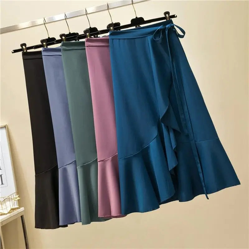 Women Girls Solid Color Fishtail Skirt Ruffles Irregular Hem Bandage Belt Hot Sell Mermaid Dress Long Skirt
