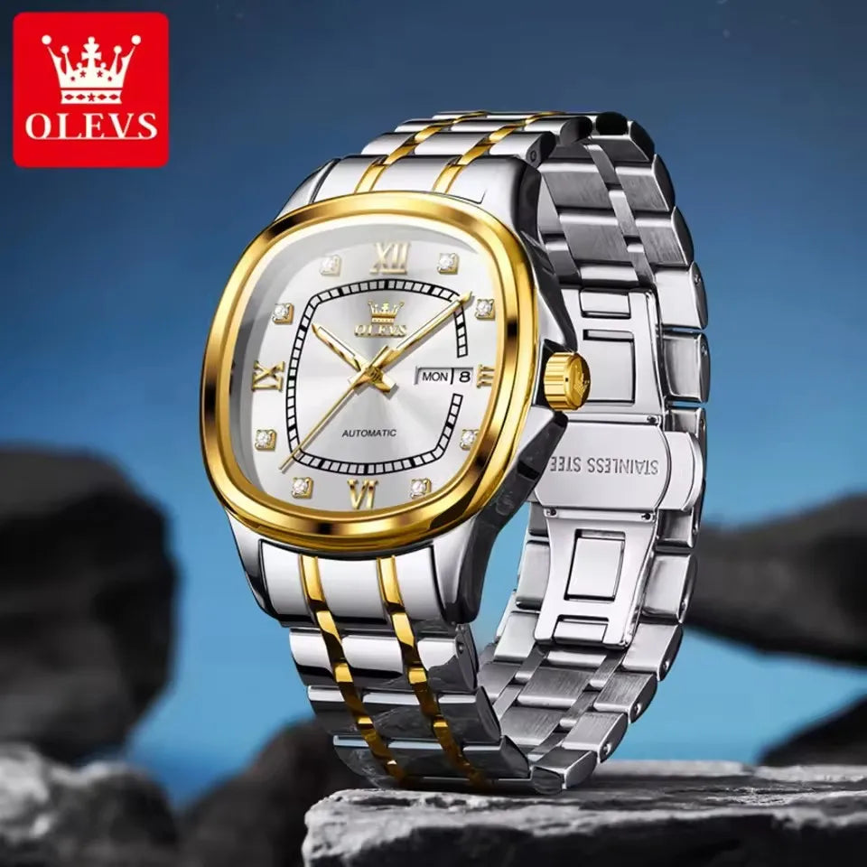 OLEVS 9810 Men's Automatic Mechanical Watch - Waterproof Stainless Steel Square Dial with Luminous Display & Calendar