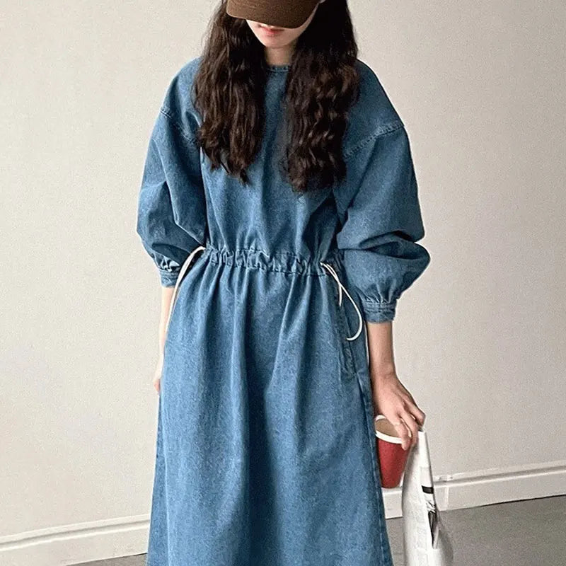 Retro Denim Dress | Spring Round Neck Tie-Waist Large Swing Washable Style Emma