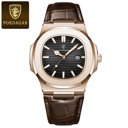 POEDAGAR 613 Men's Luxury Gold Watch – Fashion Square Quartz Business Watch with Stainless Steel, Waterproof, Luminous, and Date Display Thierry