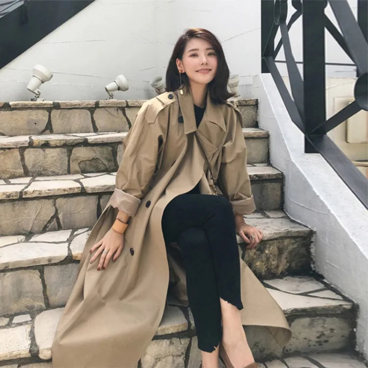 Women's Medium to Long Windbreaker - Korean-Style Loose Casual Coat for Spring & Autumn Cinder