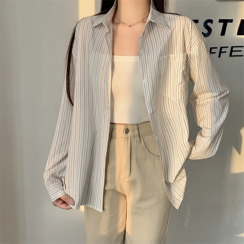 Women's Striped Loose Shirt | Retro Korean Casual Long Sleeve Blouse Rachel