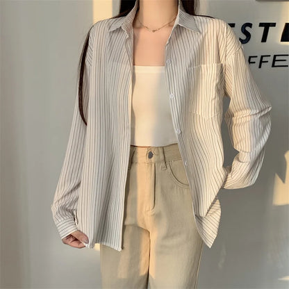 Women's Striped Loose Shirt | Retro Korean Casual Long Sleeve Blouse Rachel