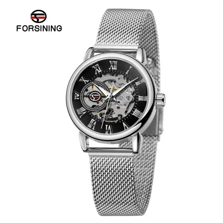 Forsining Women’s Skeleton Watch | Stainless Steel Transparent Mechanical Wristwatch – Waterproof Luxury Watch for Women