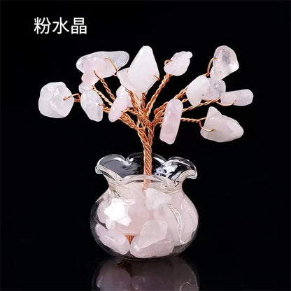 Natural Crystal Fortune Tree – Hand-Woven Mini Crystal Tree Ornaments with Gravel Gems in Glass Vases