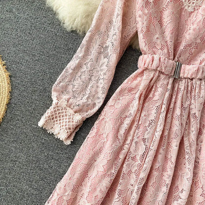 Women's Fall Winter Long-Sleeve Lace Midi Dress – Elegant Hollow-Out Design with Stand Collar and Empire Waist