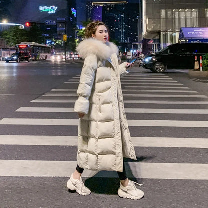 Women's Winter Over-Knee Long Coat - Loose Hooded Parka with Detachable Fur Collar, Thick Warm Cotton-Padded Jacket, Outerwear Jeanne