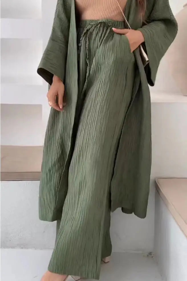 Women's Pleated Texture Top and Straight Casual Pants Set – Stylish Autumn Outfit