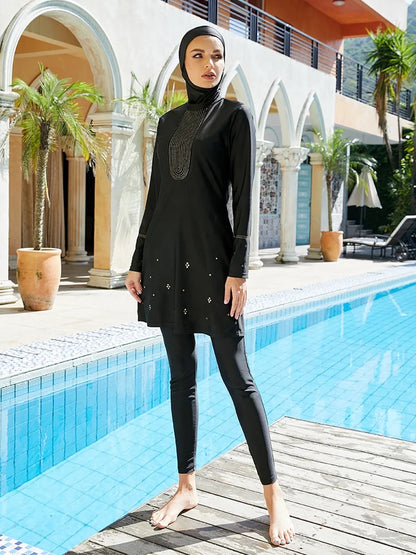 Modest Muslim Sunscreen Swimwear | Bling Three-Piece Burkini with Print Design Fiza
