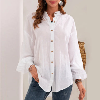 Women Solid Color White Loose Tops Long Sleeve Casual Shirts Stand Collar Button Spring Shirt