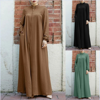 Women's Muslim Arab Style Long Dress – Elegant Abaya with Stand Collar, Zipper, Pockets, and Casual Coat Design Ameerah