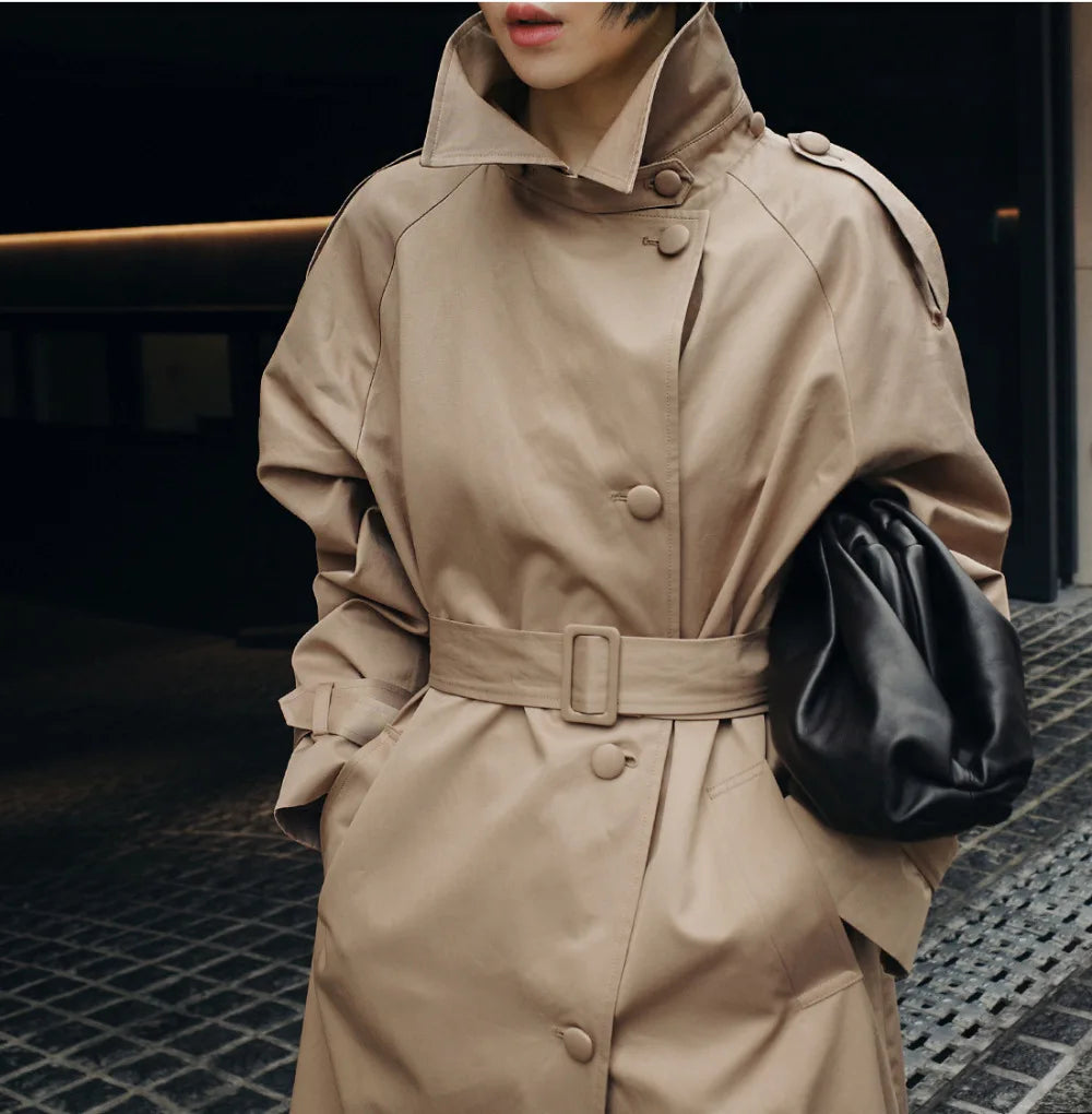 Women's Slim Fit Trench Coat – Mid-Length Korean Style with Standing Collar and Lace-Up Waist for Autumn Cinder