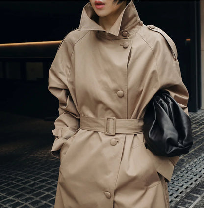 Women's Slim Fit Trench Coat – Mid-Length Korean Style with Standing Collar and Lace-Up Waist for Autumn Cinder
