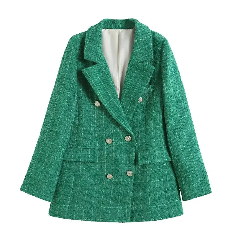 Women's Vintage Houndstooth Blazer Coat - Long Sleeve Double-Breasted Outerwear with Flap Pockets Constantia