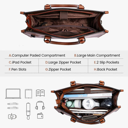 Vintage Leather Laptop Tote Bag – Large Capacity Business Handbag for Women, Stylish Work Bag & Computer Bag