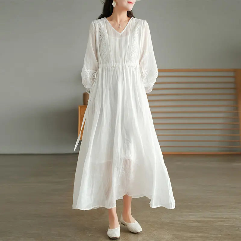 Women Casual Dress Long Sleeve Solid Color V Neck Midi Cotton Linen Dress Linen Dresses Women