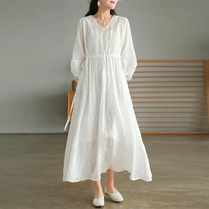 Women Casual Dress Long Sleeve Solid Color V Neck Midi Cotton Linen Dress Linen Dresses Women