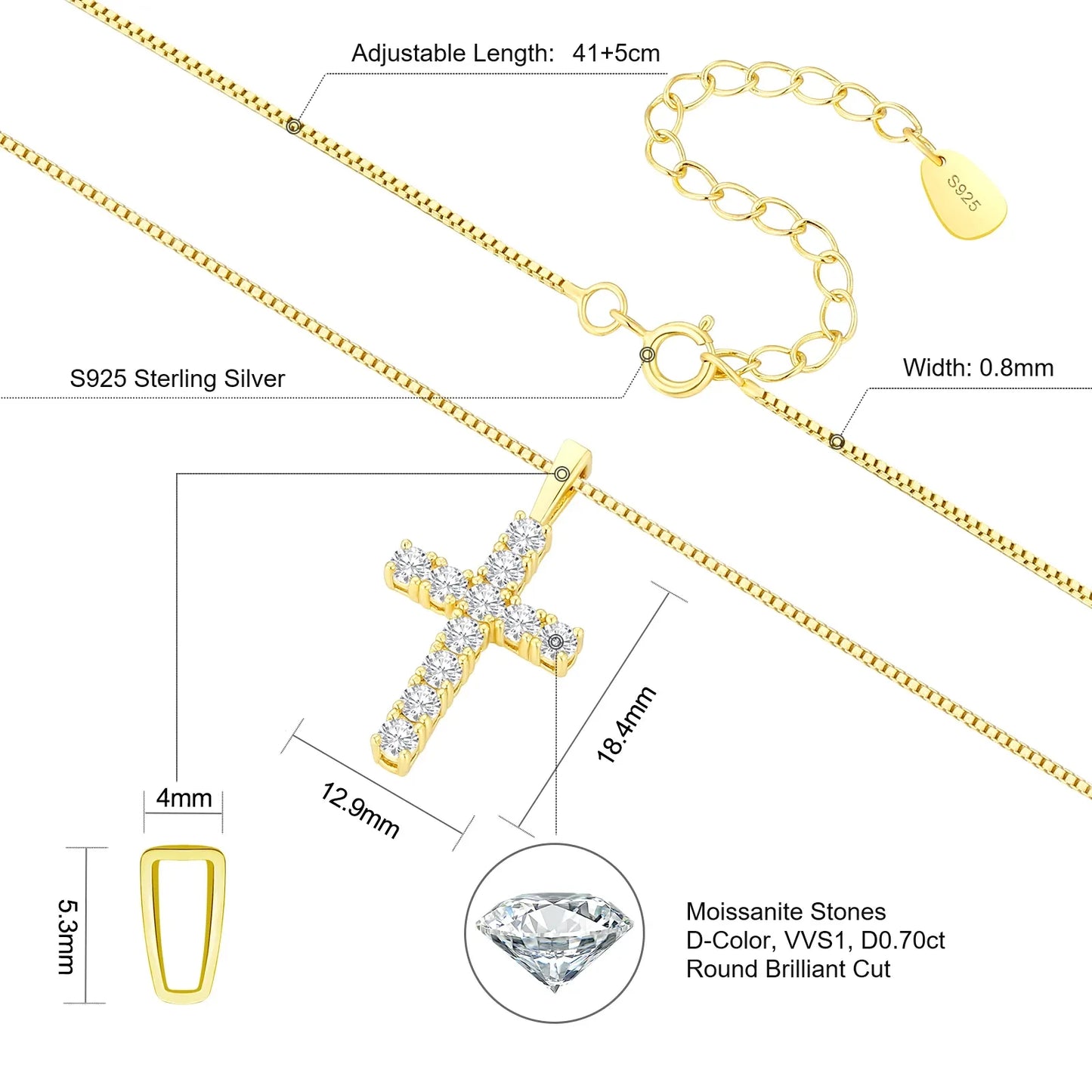 Moissanite Cross Pendant Necklace - 925 Sterling Silver Christian Jewelry for Women & Men