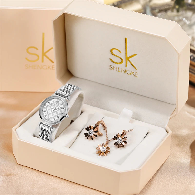 Shengke Women’s Waterproof Quartz Watch Set – Elegant Necklace & Earrings Jewelry Gift Thalia
