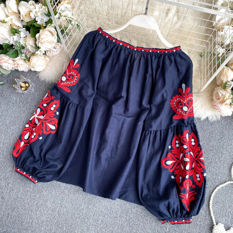 Women Blouse Retro National Style Bohemian Embroidery Lace up Tassel V-neck Lantern Sleeve