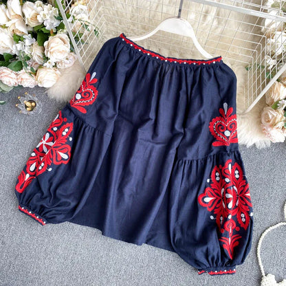 Women Blouse Retro National Style Bohemian Embroidery Lace up Tassel V-neck Lantern Sleeve