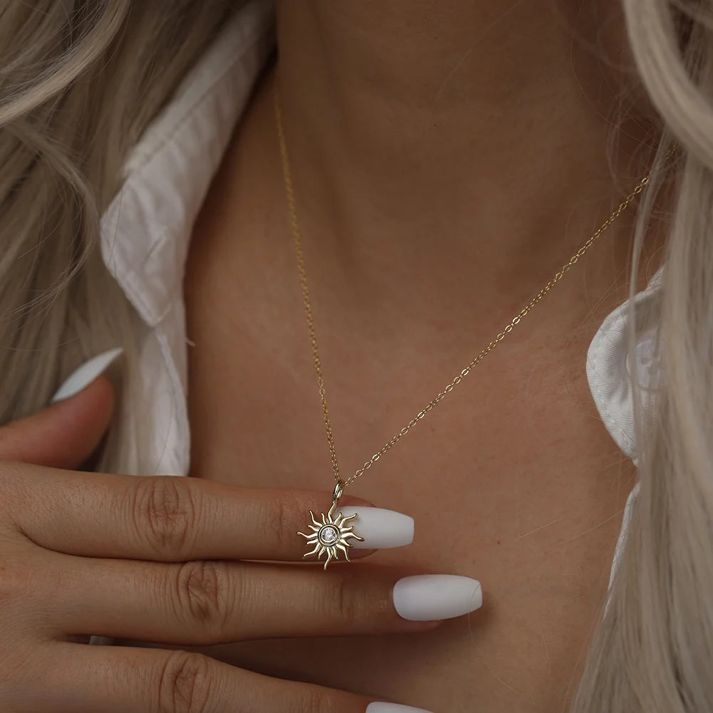 Elegant Sterling Silver Zirconia Sun Pendant Necklace for Women Katnis