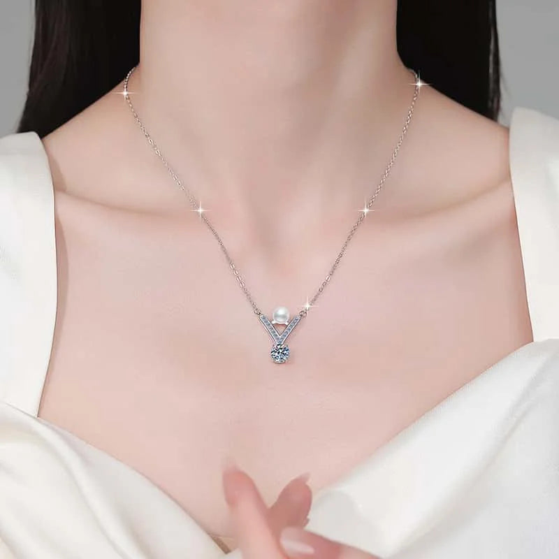 S925 Sterling Silver Moissanite & Pearl Jewelry Set – 0.5ct D Color VVS1 Earrings & Necklace for Women Yna