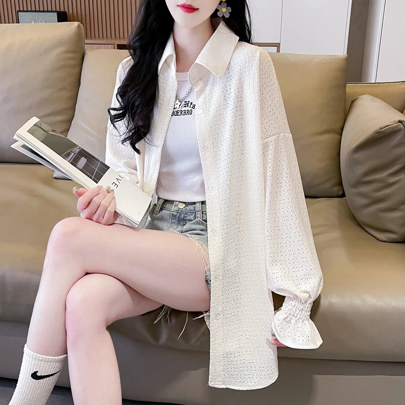 Women's Summer Loose Polo Collar Thin Cardigan – Breathable Sun Protection Coat & Medium-Long Shirt Glenda