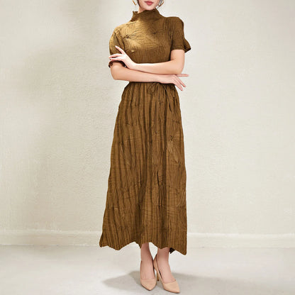 Women's Elegant Pleated Maxi Dress | Miyake Style with Belt, Breathable & Heat-Resistant Design Viviene