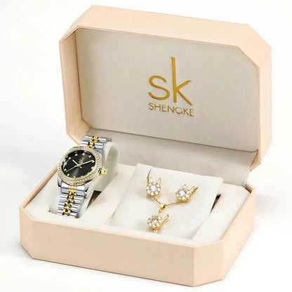 SK Women’s Watch and Bracelet Set – Fashion Bling Jewelry Gift Set with Necklace | Stylish Ladies Wristwatch Set