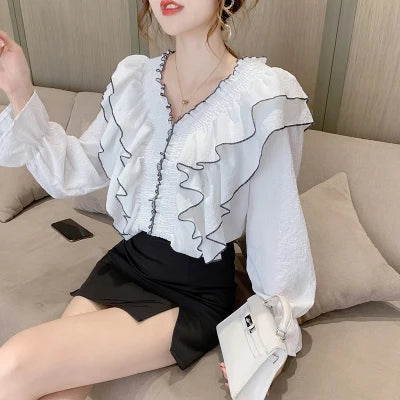 Women's Ruffle Pleated Chiffon Blouse – Court Style, Solid Color, Flare Long Sleeve Casual Top