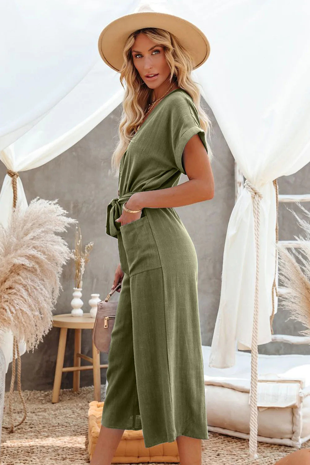 Women's Loose V-Neck Jumpsuit | Casual Lace-Up Design with Pockets Janine