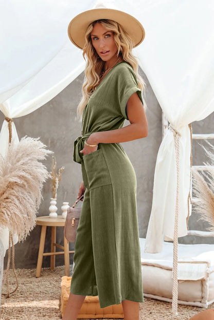 Women's Loose V-Neck Jumpsuit | Casual Lace-Up Design with Pockets Janine