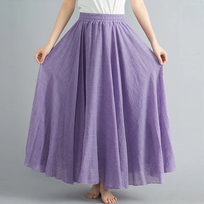 Women Loose Cotton Linen Elastic Waist A-line Solid Color Pleated Skirt