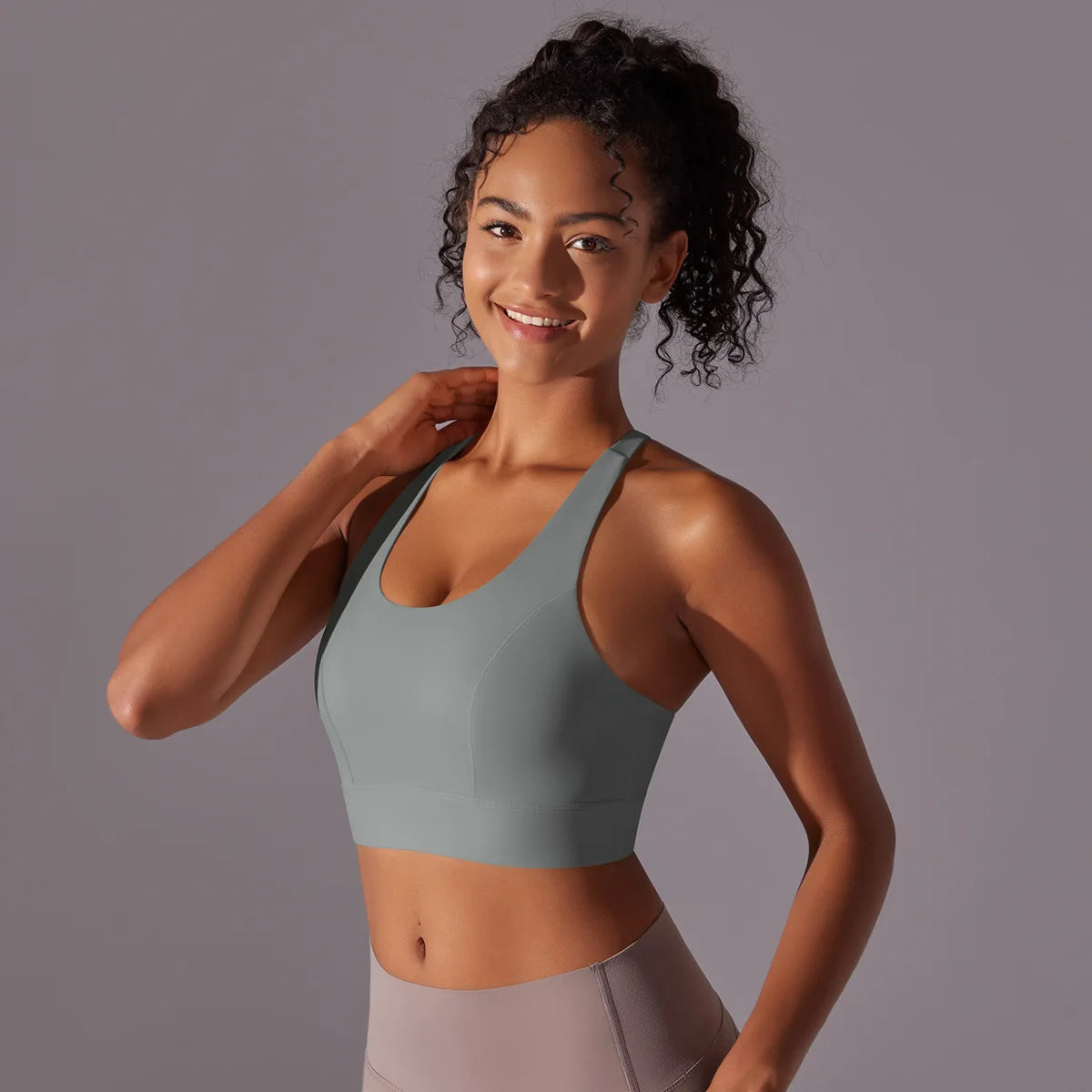 Women's Seamless Lightweight Sports Bra – Stylish Back-Breasted I-Shaped Strap, Nude Solid Color, Plus Size Running Top