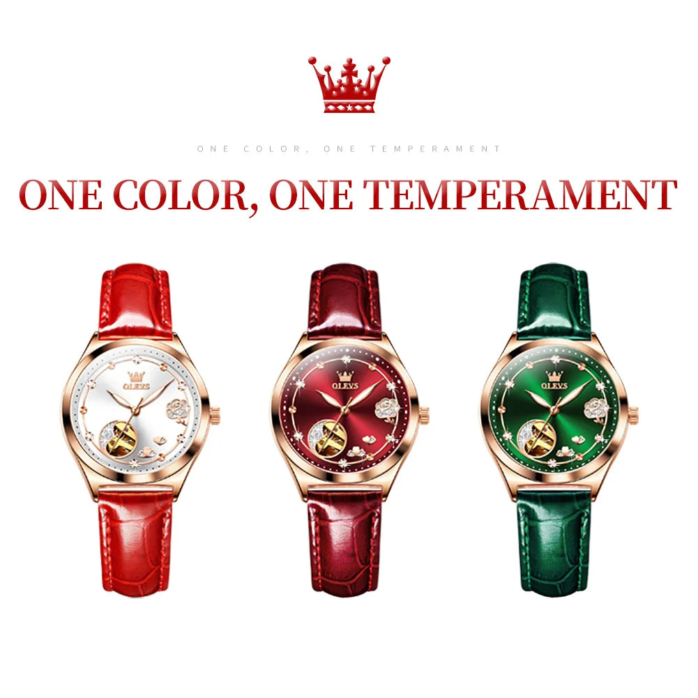 OLEVS 6601 Women's Luxury Mechanical Watch - Trendy Classic Design, Diamond Dial, Waterproof Leather Wristwatch