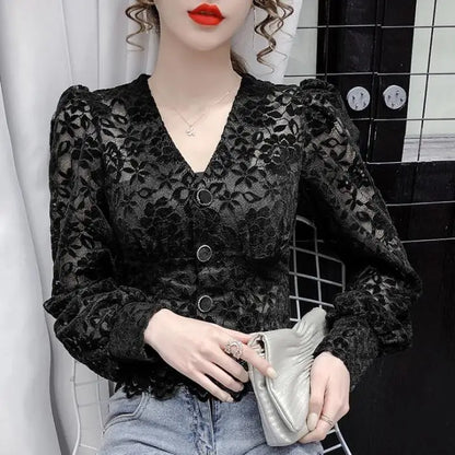 Women's Lace Shirt – Solid Color, Puff Long Sleeve, French V-Neck, Button-Down Mesh Transparent Casual Top