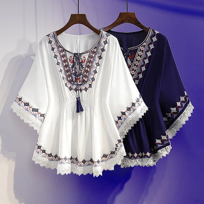 Women's Summer Blouse | Retro Lace Panel Print Design, Chic Medium-Length Loose Fit Top Camille