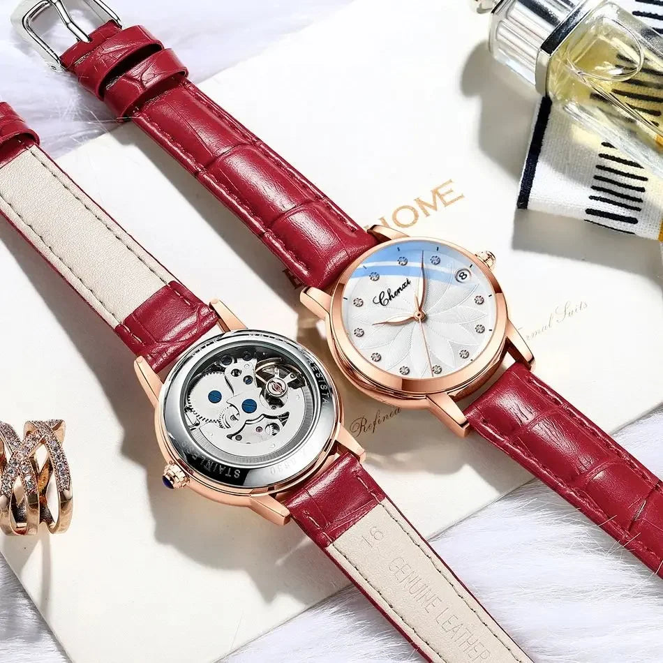 CHENXI 8833 Women's Luxury Automatic Mechanical Watch - Genuine Leather, Diamond Dial, Waterproof, Luminous Calendar