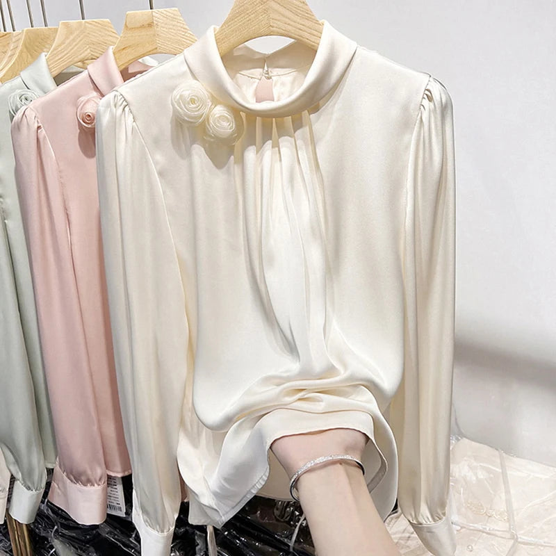 Spring French Style Women's Shirt – Standing Collar, Floral Design, Long Sleeve, Elegant Minimalist Top