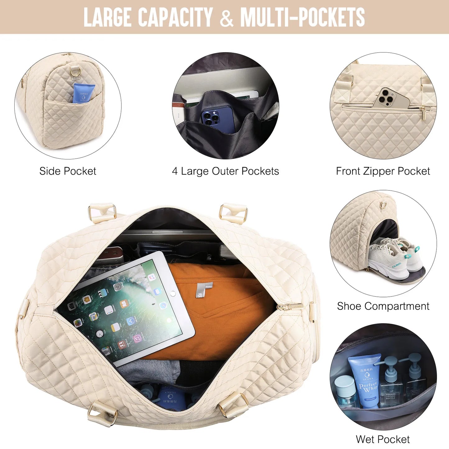 LOVEVOOK 2022 Luxury Quilted Weekender Duffel Bag - Custom Canvas Travel Bag for Men & Women Glazy
