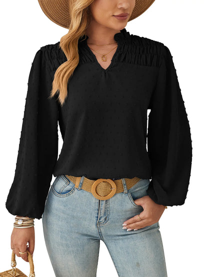 Women's Long Sleeve Chiffon Blouse – Pleated Woven Jacquard Shirt