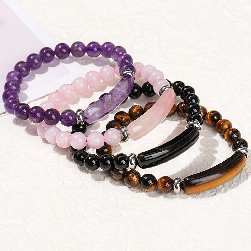 8mm Pink Crystal Bead Bracelet – Natural Stone Stretch Bracelet with Stainless Steel Accessories