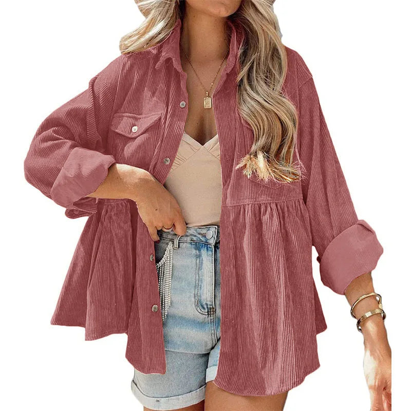 Women's Long-Sleeve Corduroy Ruffled Shirt with Button-Up Design – Elegant & Stylish Top