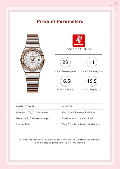 POEDAGAR 302 Women's Watch – Fashion Elegant Diamond Bracelet Quartz Wristwatch, Stylish Ladies Watch