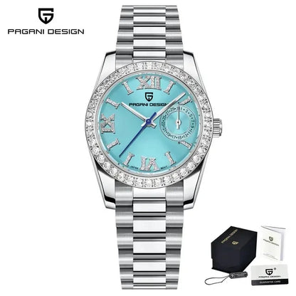 PAGANI DESIGN 1776 – Luxury Women's Quartz Watch with Diamond Accents, Stainless Steel Band, and Calendar Function