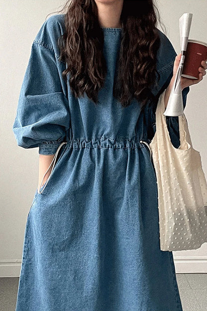 Retro Denim Dress | Spring Round Neck Tie-Waist Large Swing Washable Style Emma