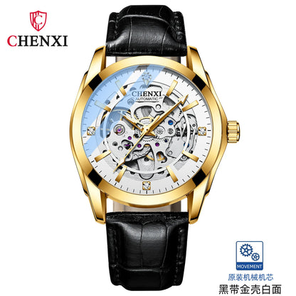 CHENXI 
8821 Men’s Transparent Skeleton Watch – 40mm Automatic Movement, Waterproof Leather Wristwatch