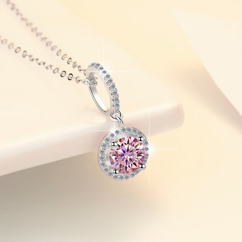 Fine Jewelry: Valentine’s Gift S925 Sterling Silver Necklace with Pink VVS1 Moissanite Diamond Pendant